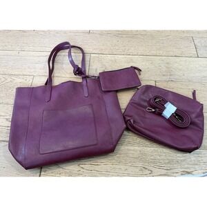 Deep Plum Faux Leather Tote Bag with Matching Pouch and Crossbody Bag Set